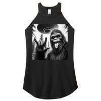 Funny Sasquatch Bigfoot Rock On Selfie With Ufo Alien Women's Perfect Tri Rocker Tank