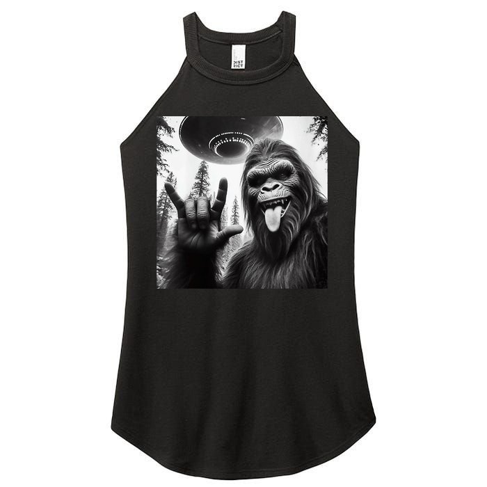 Funny Sasquatch Bigfoot Rock On Selfie With Ufo Alien Women's Perfect Tri Rocker Tank