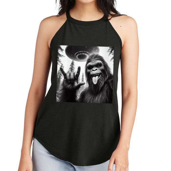 Funny Sasquatch Bigfoot Rock On Selfie With Ufo Alien Women's Perfect Tri Rocker Tank