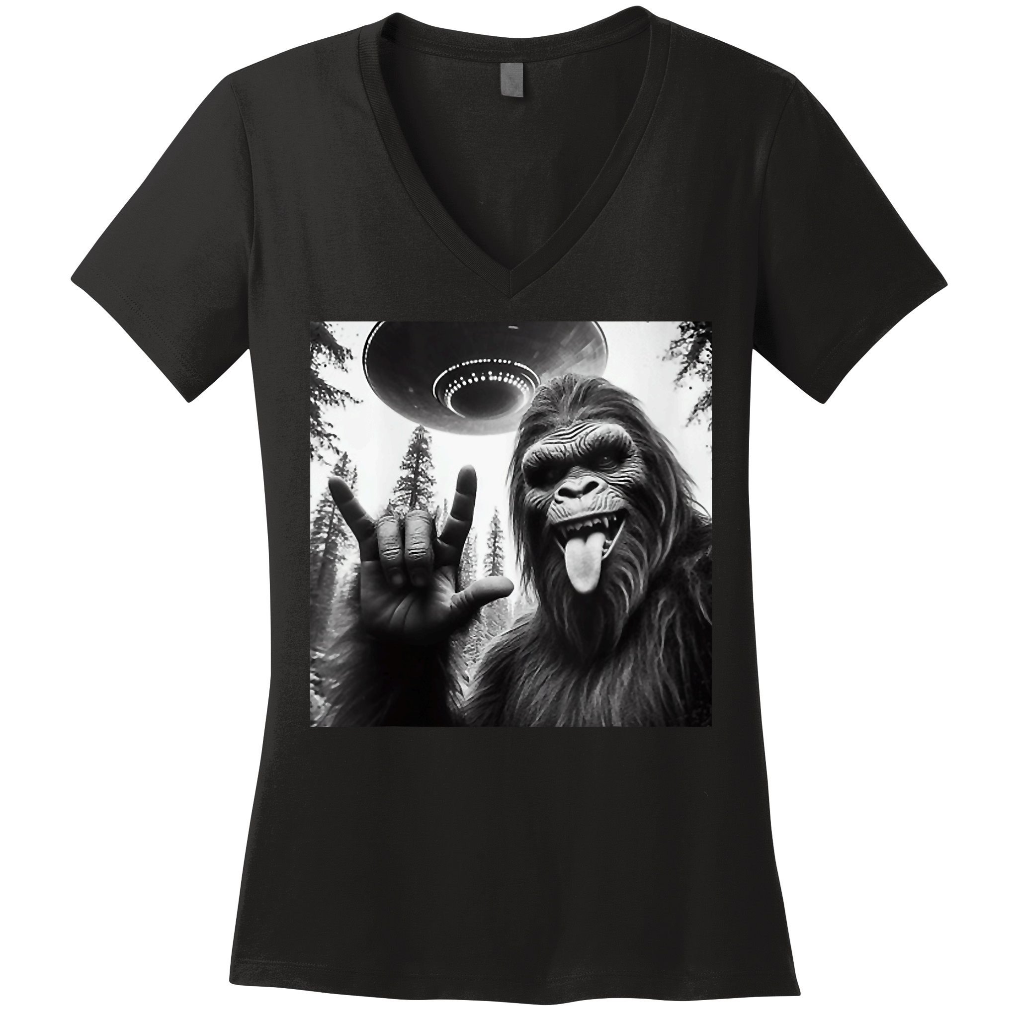 Funny Sasquatch Bigfoot Rock On Selfie With Ufo Alien Women's V-Neck T-Shirt