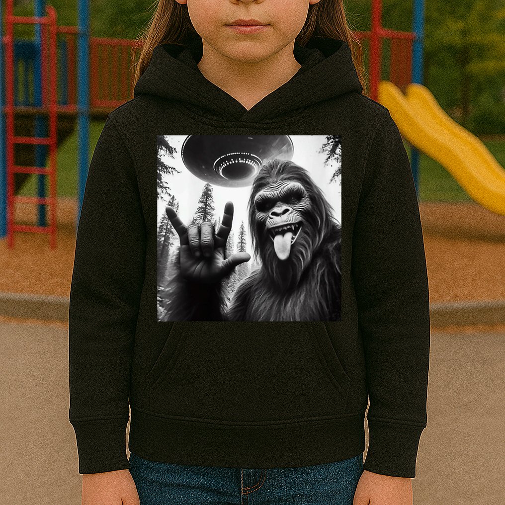 Funny Sasquatch Bigfoot Rock On Selfie With Ufo Alien Kids Hoodie