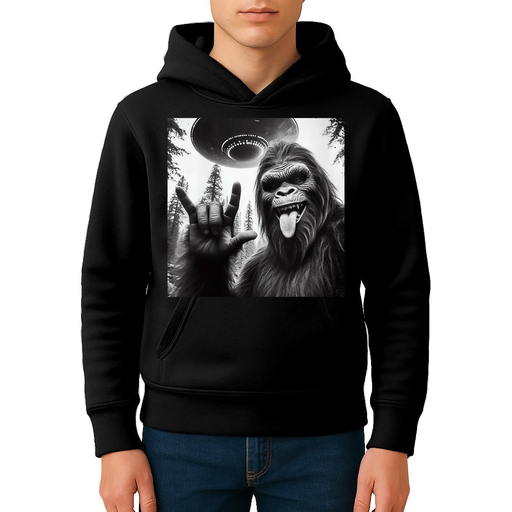 Funny Sasquatch Bigfoot Rock On Selfie With Ufo Alien Kids Hoodie