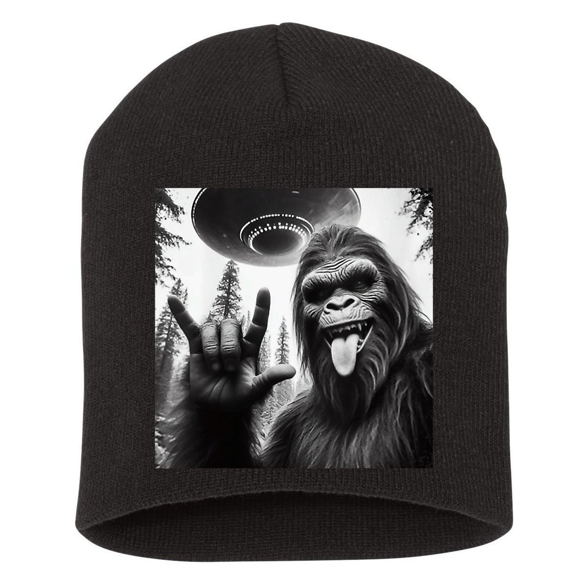 Funny Sasquatch Bigfoot Rock On Selfie With Ufo Alien Short Acrylic Beanie