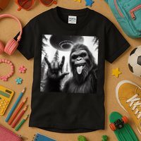 Funny Sasquatch Bigfoot Rock On Selfie With Ufo Alien Kids T-Shirt