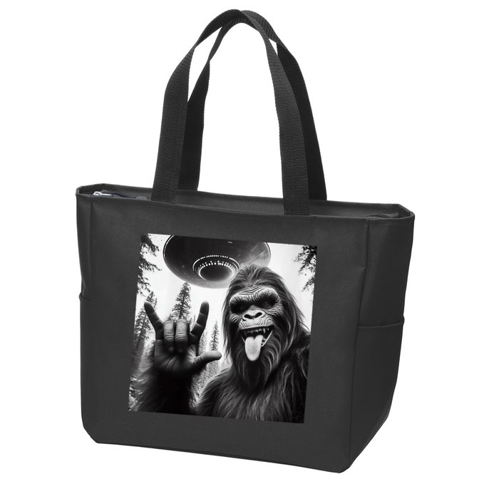 Funny Sasquatch Bigfoot Rock On Selfie With Ufo Alien Zip Tote Bag