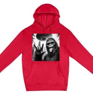 Funny Sasquatch Bigfoot Rock On Selfie With Ufo Alien Premium Pullover Hoodie