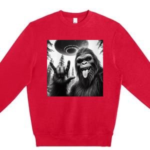 Funny Sasquatch Bigfoot Rock On Selfie With Ufo Alien Premium Crewneck Sweatshirt