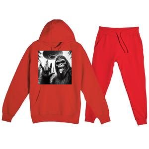 Funny Sasquatch Bigfoot Rock On Selfie With Ufo Alien Premium Hooded Sweatsuit Set