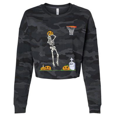 Funny Skeleton Basketball Halloween Pumpkin Cropped Pullover Crew