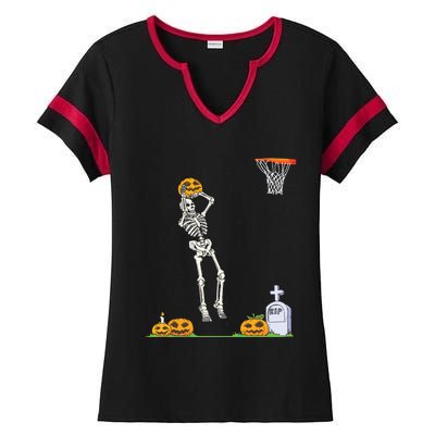 Funny Skeleton Basketball Halloween Pumpkin Ladies Halftime Notch Neck Tee