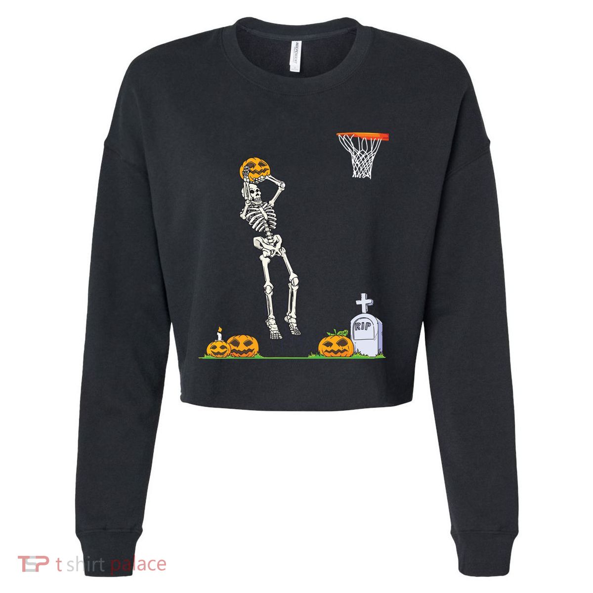Funny Skeleton Basketball Halloween Pumpkin Cropped Pullover Crew