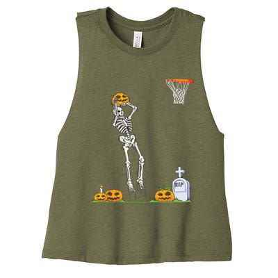 Funny Skeleton Basketball Halloween Pumpkin Women's Racerback Cropped Tank