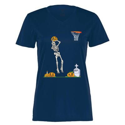 Funny Skeleton Basketball Halloween Pumpkin Women's Momentum V-Neck T-Shirt