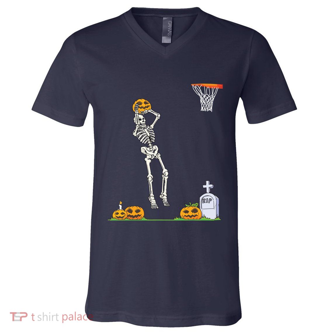 Funny Skeleton Basketball Halloween Pumpkin V-Neck T-Shirt