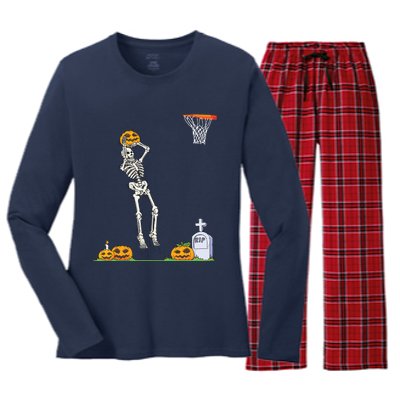 Funny Skeleton Basketball Halloween Pumpkin Women's Long Sleeve Flannel Pajama Set 