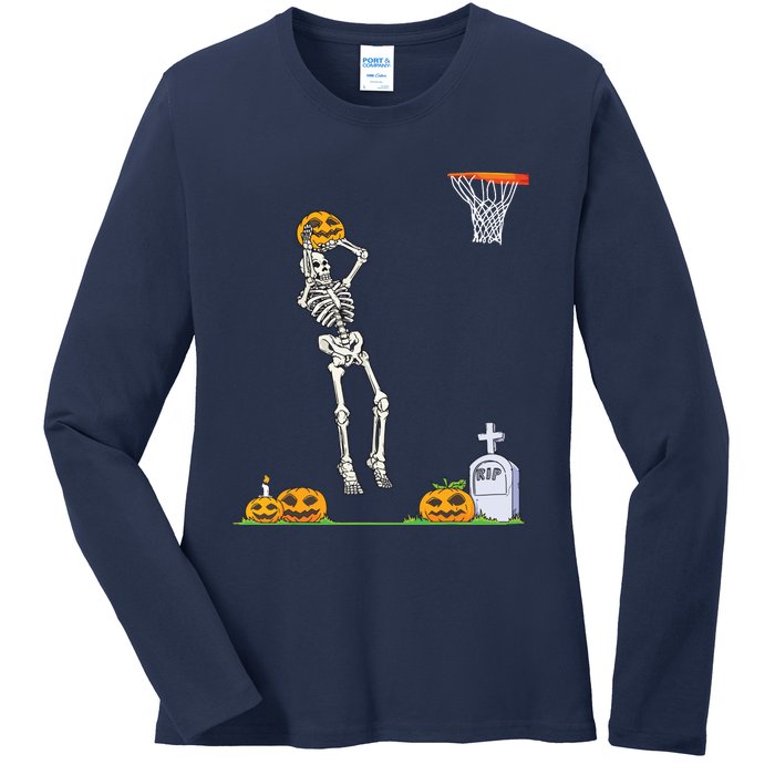 Funny Skeleton Basketball Halloween Pumpkin Ladies Long Sleeve Shirt