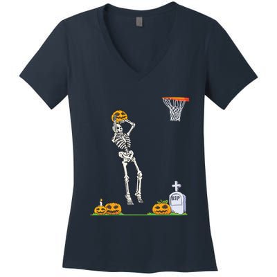 Funny Skeleton Basketball Halloween Pumpkin Women's V-Neck T-Shirt