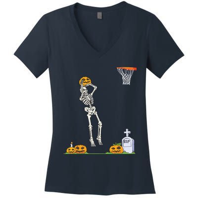 Funny Skeleton Basketball Halloween Pumpkin Women's V-Neck T-Shirt