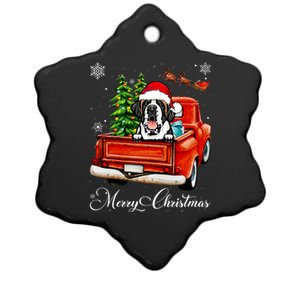 Funny Saint Bernard Ride Red Truck Merry Christmas Pajama Ceramic Star Ornament