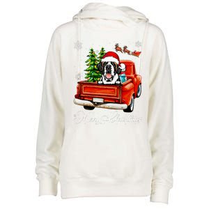 Funny Saint Bernard Ride Red Truck Merry Christmas Pajama Womens Funnel Neck Pullover Hood