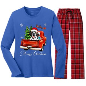 Funny Saint Bernard Ride Red Truck Merry Christmas Pajama Women's Long Sleeve Flannel Pajama Set 