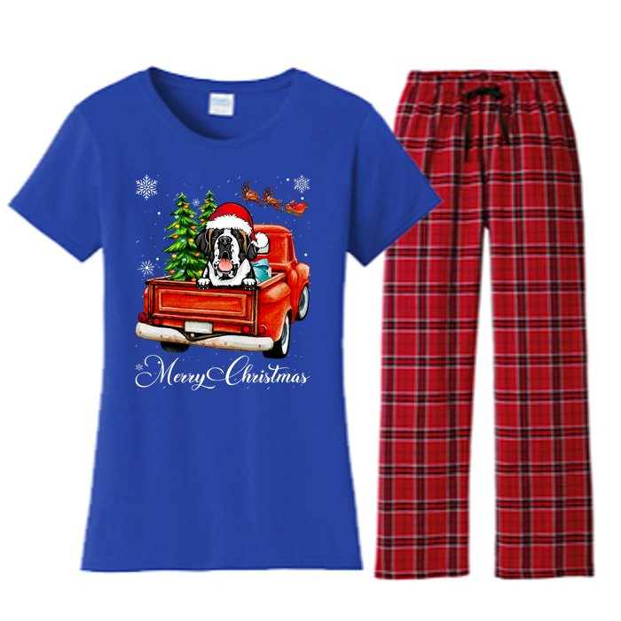 Funny Saint Bernard Ride Red Truck Merry Christmas Pajama Women's Flannel Pajama Set