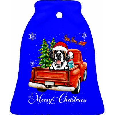 Funny Saint Bernard Ride Red Truck Merry Christmas Pajama Ceramic Bell Ornament