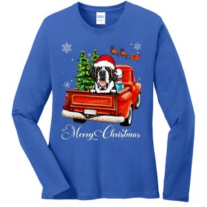 Funny Saint Bernard Ride Red Truck Merry Christmas Pajama Ladies Long Sleeve Shirt