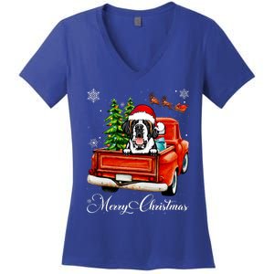 Funny Saint Bernard Ride Red Truck Merry Christmas Pajama Women's V-Neck T-Shirt