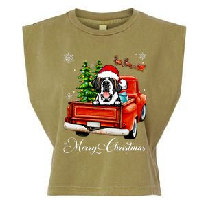 Funny Saint Bernard Ride Red Truck Merry Christmas Pajama Garment-Dyed Women's Muscle Tee