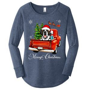 Funny Saint Bernard Ride Red Truck Merry Christmas Pajama Women's Perfect Tri Tunic Long Sleeve Shirt