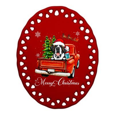 Funny Saint Bernard Ride Red Truck Merry Christmas Pajama Ceramic Oval Ornament