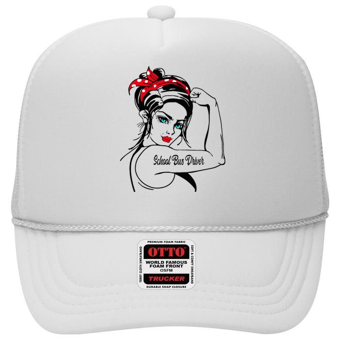 Female School Bus Driver Rosie The Riveter Pin Up High Crown Mesh Back Trucker Hat