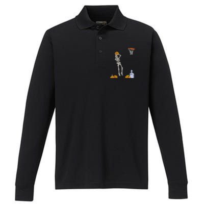 Funny Skeleton Basketball Halloween Pumpkin Performance Long Sleeve Polo