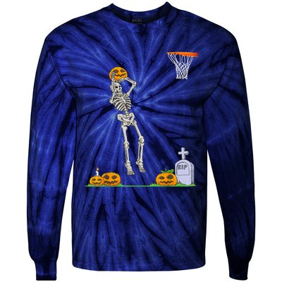 Funny Skeleton Basketball Halloween Pumpkin Tie-Dye Long Sleeve Shirt