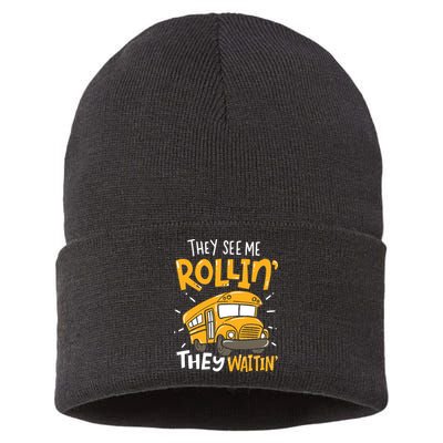 Funny School Bus Driver They See Me Rollin' They Waitin' Sustainable Knit Beanie