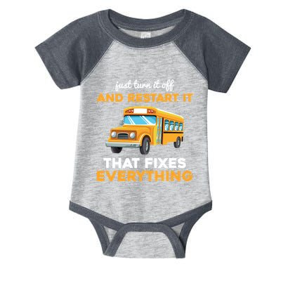Funny School Bus Driver Gift Just Turn It Off & Restart It Infant Baby Jersey Bodysuit