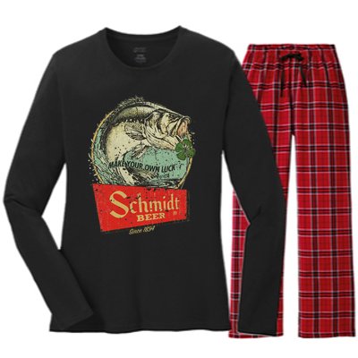 Fishing Schmidt Beer Make Your Own Luck 1894 Vintage Women's Long Sleeve Flannel Pajama Set 