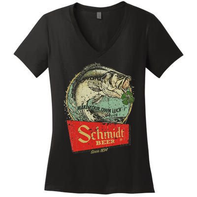 Fishing Schmidt Beer Make Your Own Luck 1894 Vintage Women's V-Neck T-Shirt