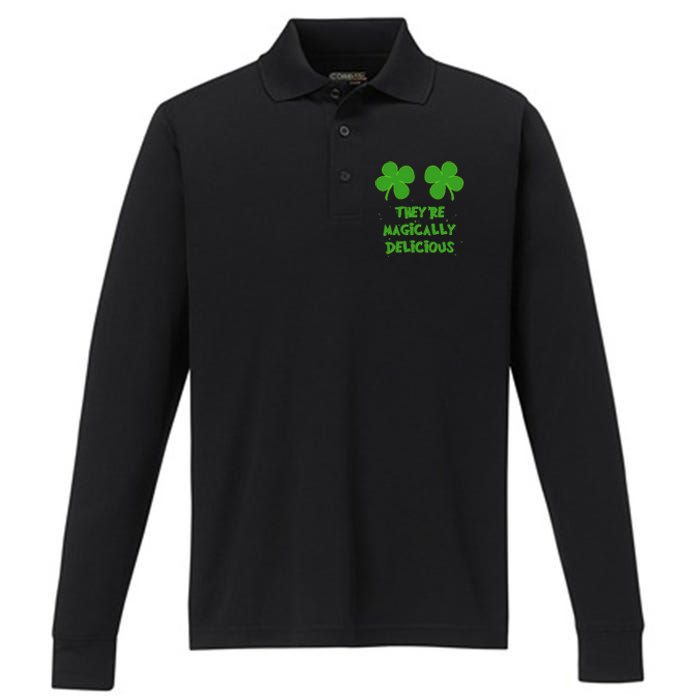 Funny Shamrock Boobs Saint St. Patrick's Paddys Day Irish Performance Long Sleeve Polo