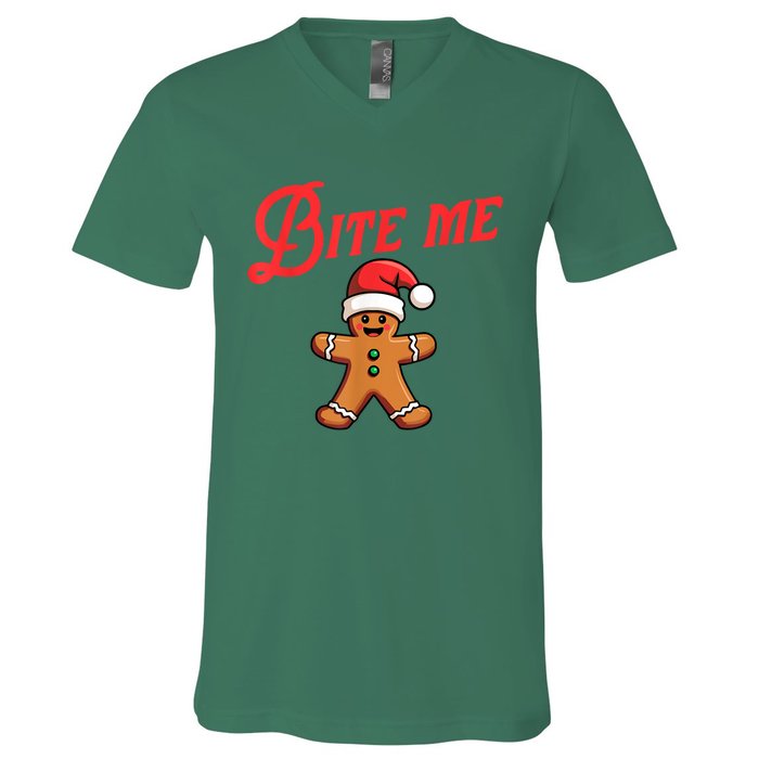 Funny Sarcastic Bite Me Gingerbread Cookie Christmas Holiday Gift V-Neck T-Shirt