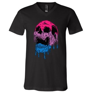 funny Subtle Bisexual Skull Bi Pride Flag Bisexuality V-Neck T-Shirt