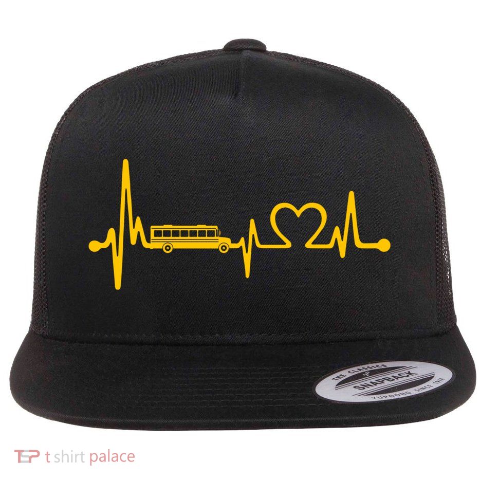 Funny School Bus Driver Gift Love School Bus Heartbeat Gift Flat Bill Trucker Hat