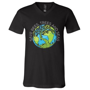 funny Save Bees Trees And Seas Climate Change V-Neck T-Shirt