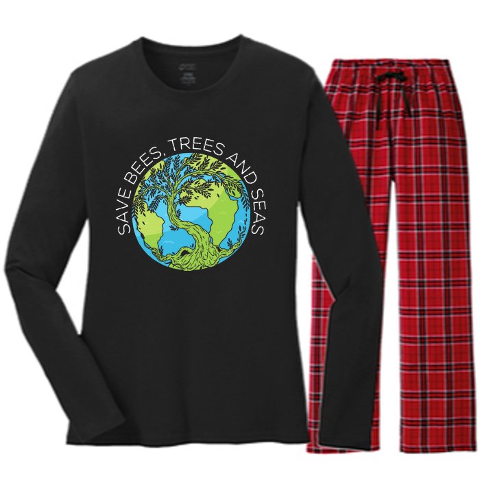 funny Save Bees Trees And Seas Climate Change Women's Long Sleeve Flannel Pajama Set 