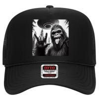 Funny Sasquatch Bigfoot Rock On Selfie With Ufo Alien High Crown Mesh Back Trucker Hat