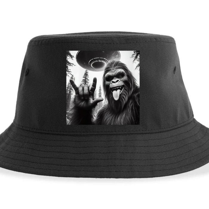 Funny Sasquatch Bigfoot Rock On Selfie With Ufo Alien Sustainable Bucket Hat