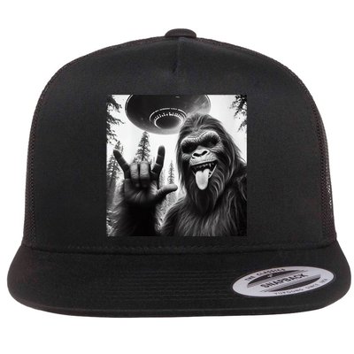 Funny Sasquatch Bigfoot Rock On Selfie With Ufo Alien Flat Bill Trucker Hat