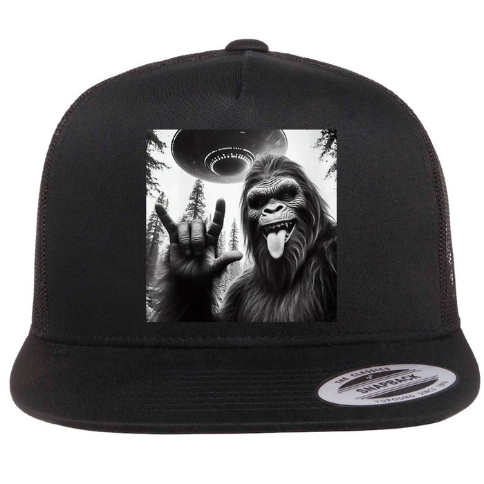 Funny Sasquatch Bigfoot Rock On Selfie With Ufo Alien Flat Bill Trucker Hat