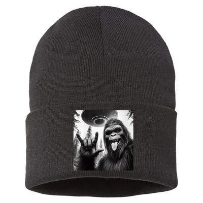 Funny Sasquatch Bigfoot Rock On Selfie With Ufo Alien Sustainable Knit Beanie